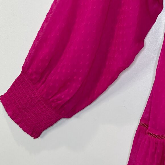 Not So Serious Anthro Swiss Dot Smocked Cuffs Wrap Mini Dress Pink Women XL NWT - Picture 7 of 12